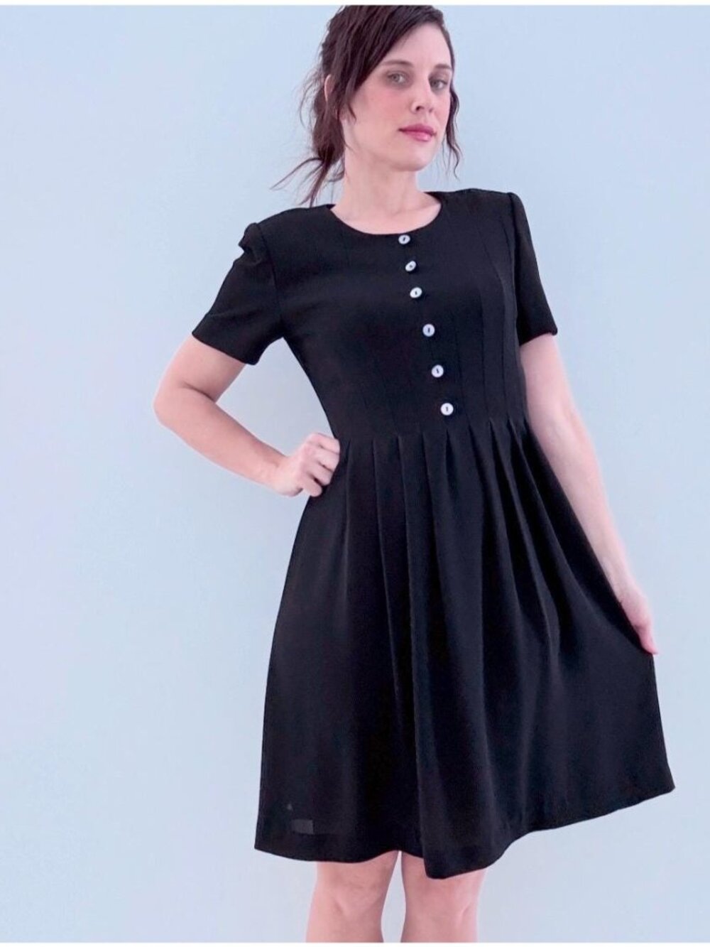 Vintage 90s Black Mini Dress, Button-Up Short Sleeve Fit & Flare Shirtdress